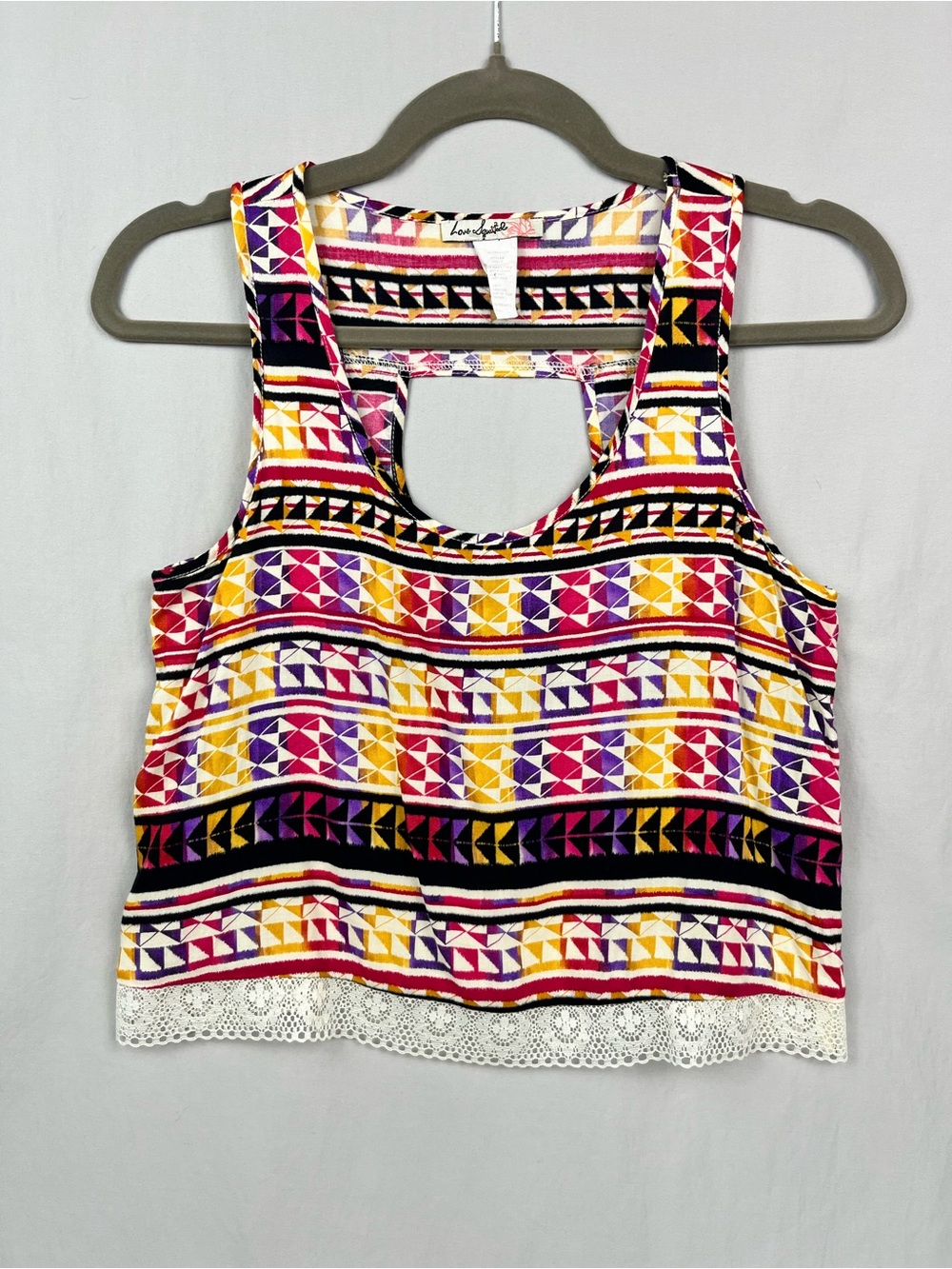 Southwestern Print Crochet Lace Trim Racerback Cutout Top Boho Festival Hippie